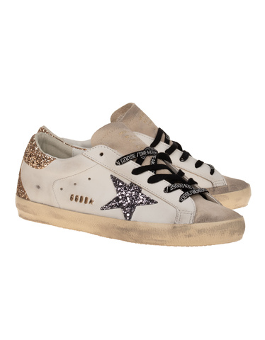 GOLDEN GOOSE Superstar Classic White Seedpear Leather sneakers with glitter details Sneaker Flats
