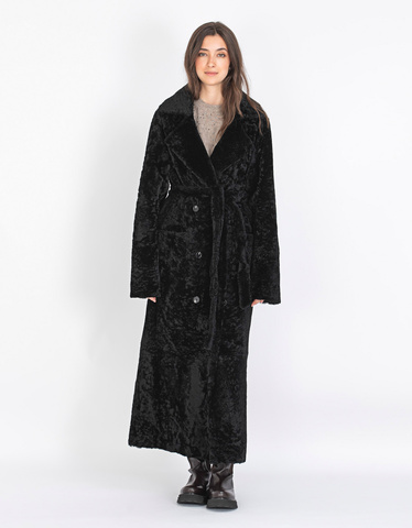 NOVE Pollon Black Sheep leather shearling removable coat with tie belt Jackets Coats